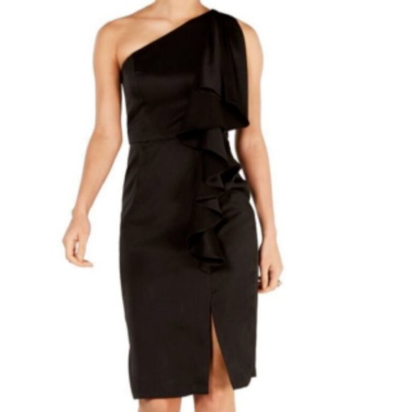 VINCE CAMUTO Womens Black Ruffled One-shoulder Satin Dress Sz 2 Minor snags - Picture 1 of 3